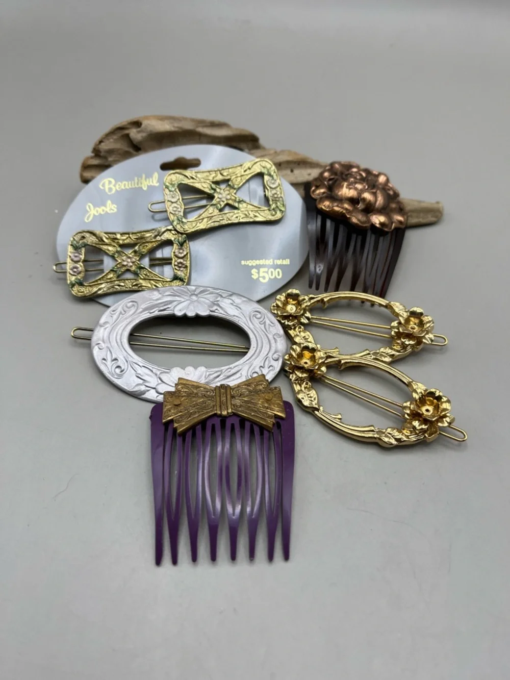 Vintage Ornate Gold-Tone Hair Comb & Barrette Set - Elegant Metal Art for Hair